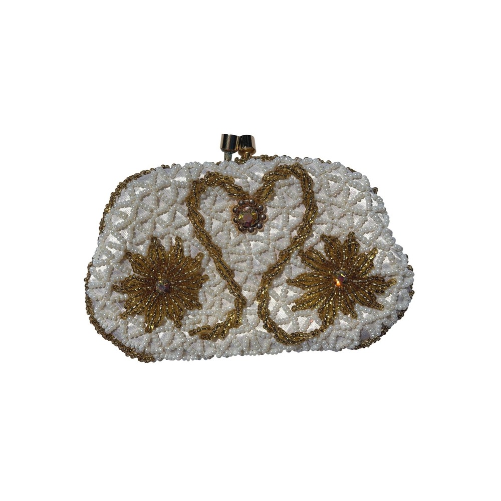 Unbranded Vintage Cottagecore Coquette Women Beaded Coin Purse Cream Gold